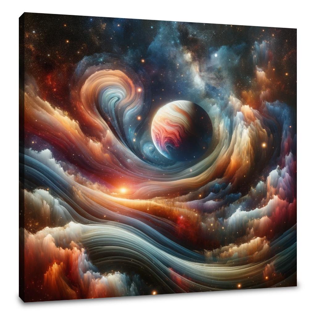 Stunning Wall Art Canvas featuring a Colourful Cosmic Scene with Planets and Swirling Nebulae