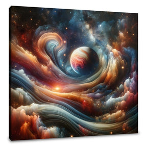 Stunning Wall Art Canvas featuring a Colourful Cosmic Scene with Planets and Swirling Nebulae