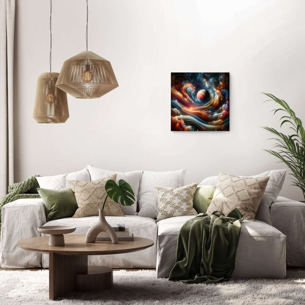 Colourful Wall Art Canvas depicting a cosmic swirl design, enhancing modern living room decor
