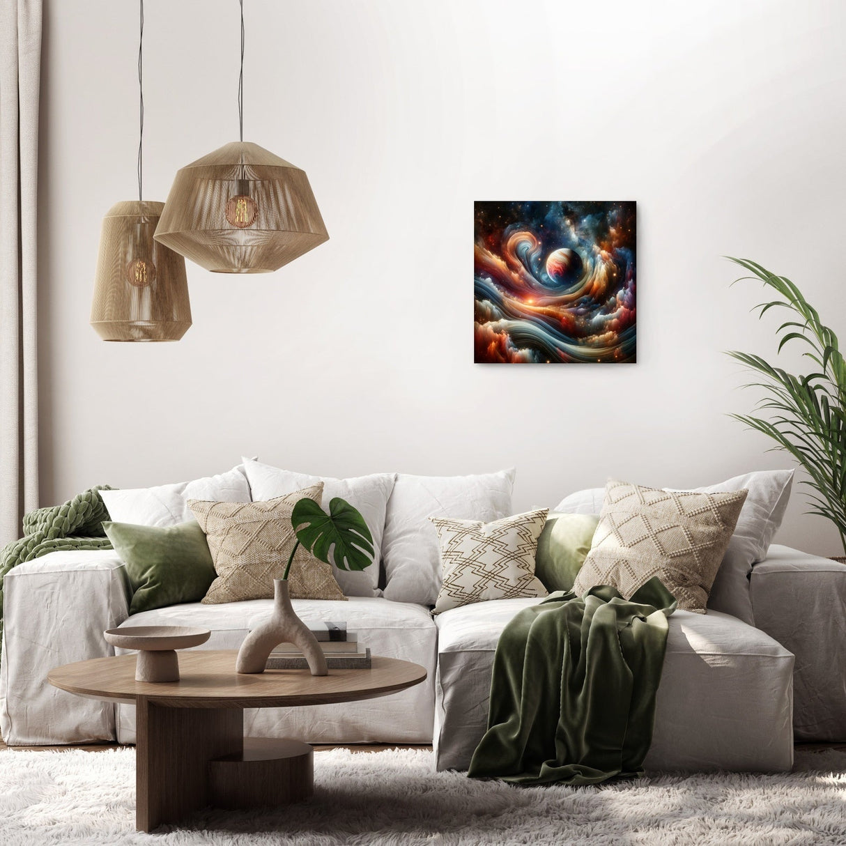 Colourful Wall Art Canvas depicting a cosmic swirl design, enhancing modern living room decor