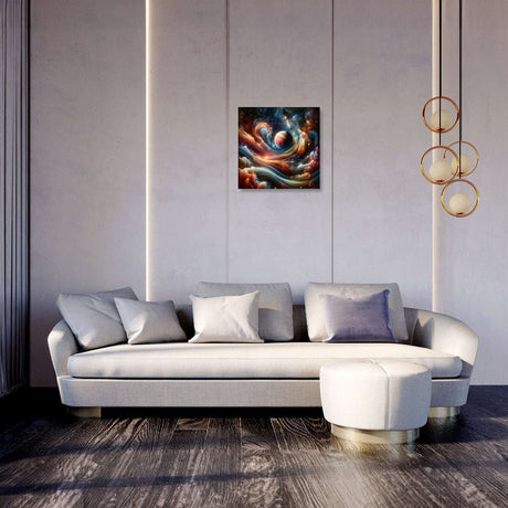 Stylish living room featuring vibrant wall art canvas above a modern sofa and chic decor