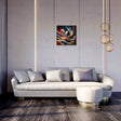 Stylish living room featuring vibrant wall art canvas above a modern sofa and chic decor