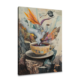 Creative Wall Art Canvas featuring a surreal teacup with smoke and vibrant colours for unique decor