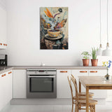 Vibrant Wall Art Canvas featuring a surrealistic design of a tea cup in a modern kitchen setting