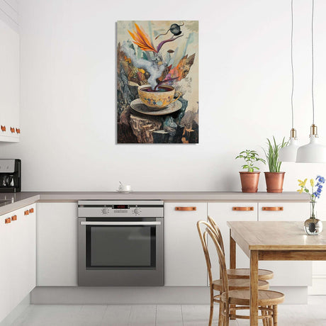 Vibrant Wall Art Canvas featuring a surrealistic design of a tea cup in a modern kitchen setting
