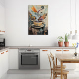 Vibrant Wall Art Canvas featuring a surrealistic design of a tea cup in a modern kitchen setting