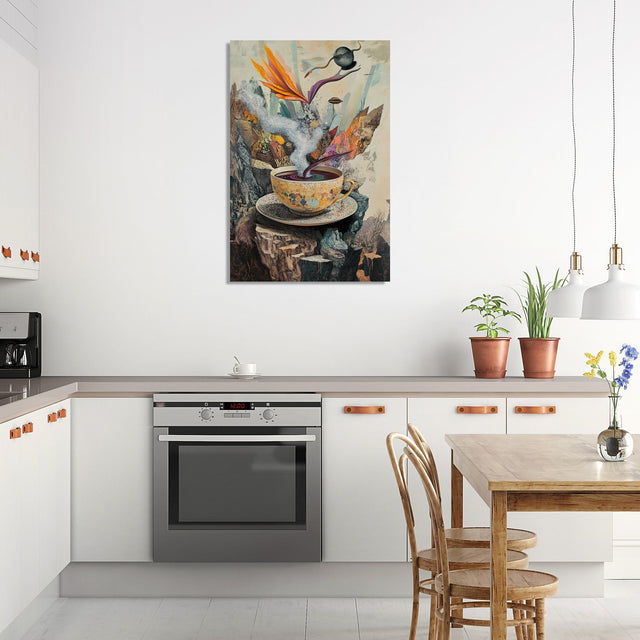 Vibrant Wall Art Canvas featuring a surrealistic design of a tea cup in a modern kitchen setting