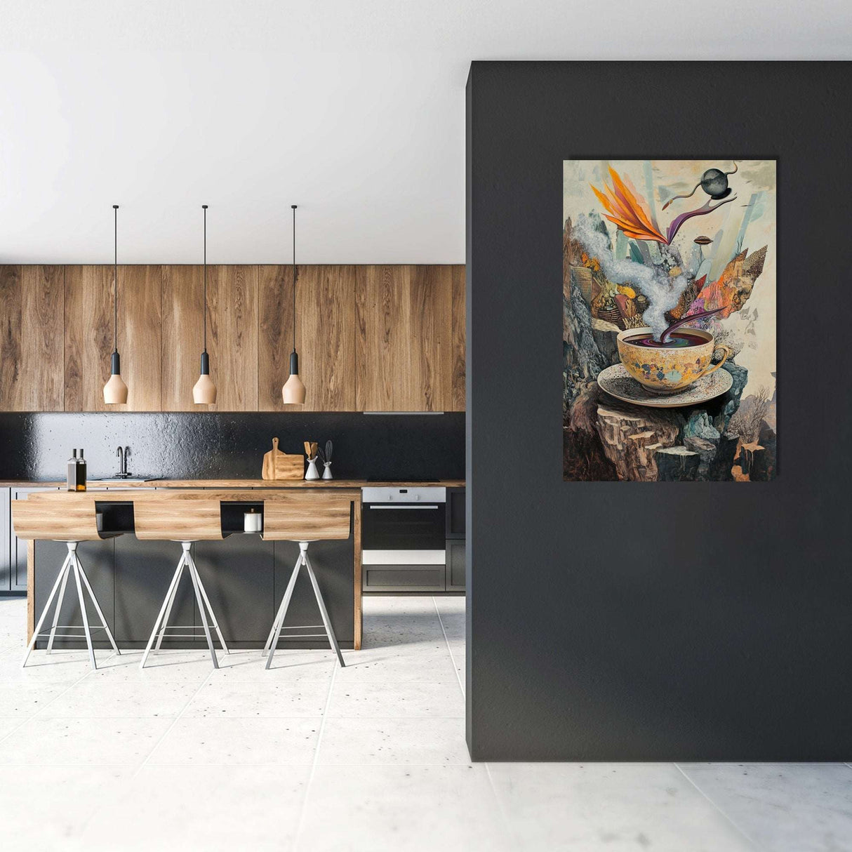 Vibrant Wall Art Canvas featuring a surreal teacup painting, perfect for modern kitchen decor
