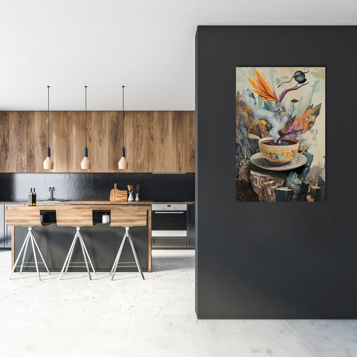 Vibrant Wall Art Canvas featuring a surreal teacup painting, perfect for modern kitchen decor