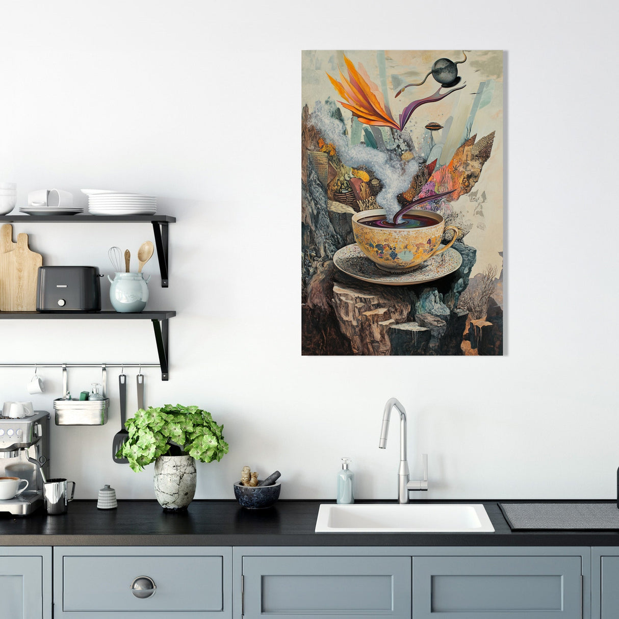 Colourful Wall Art Canvas featuring a whimsical teacup design, perfect for modern kitchen decor