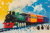 Colourful wall art canvas featuring a vintage steam train with penguins in a snowy landscape