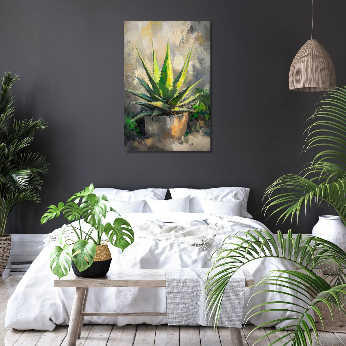 Stylish Wall Art Canvas featuring an aloe vera plant in a modern bedroom setting