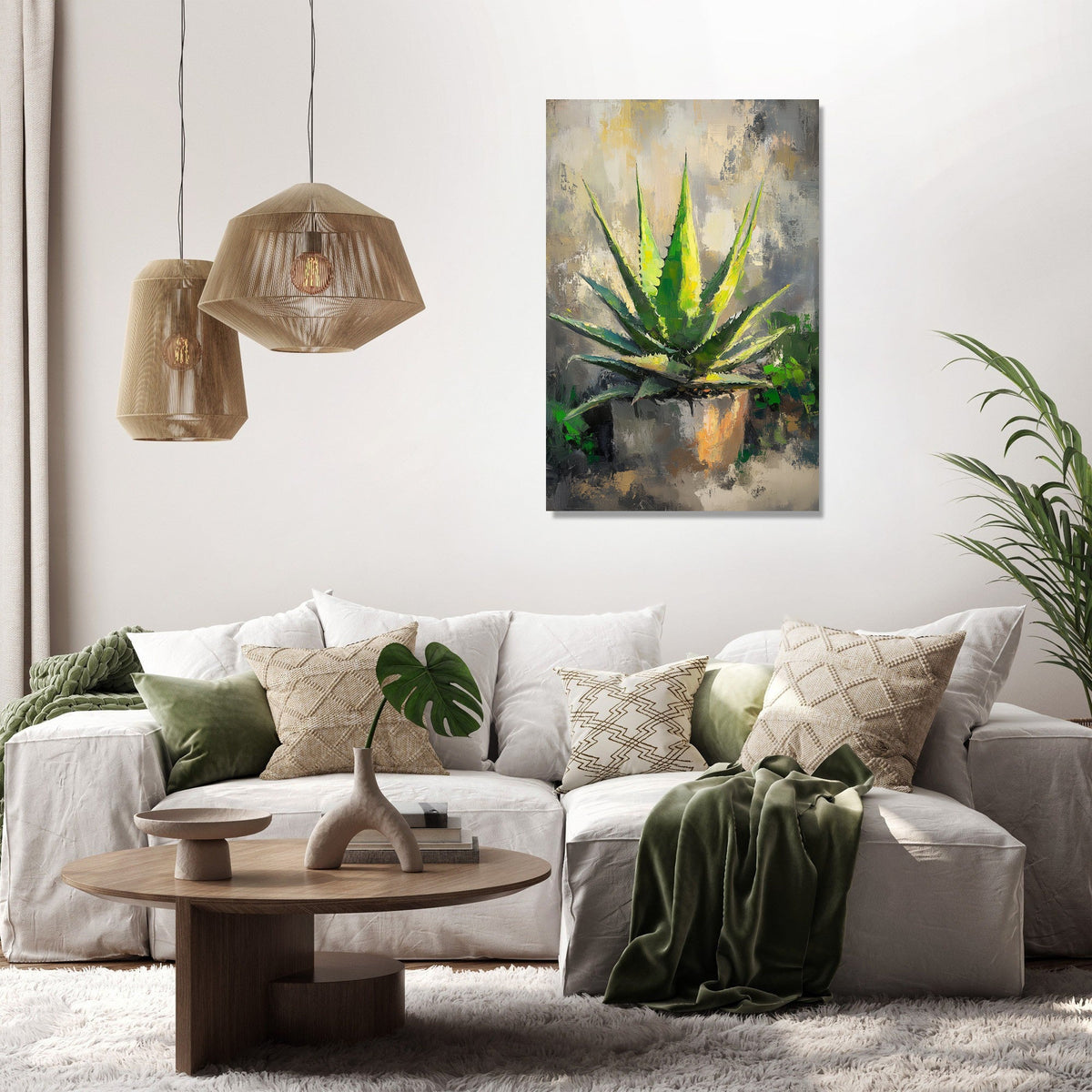 Stylish wall art canvas featuring an aloe vera plant in a modern living room setting