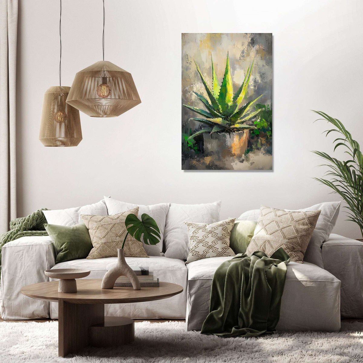 Stylish wall art canvas featuring an aloe vera plant in a modern living room setting