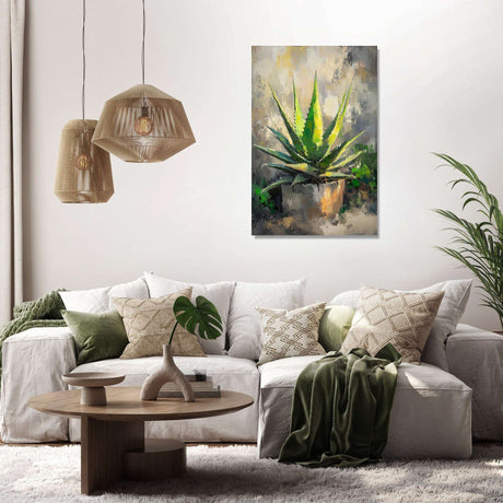 Stylish wall art canvas featuring an aloe vera plant in a modern living room setting