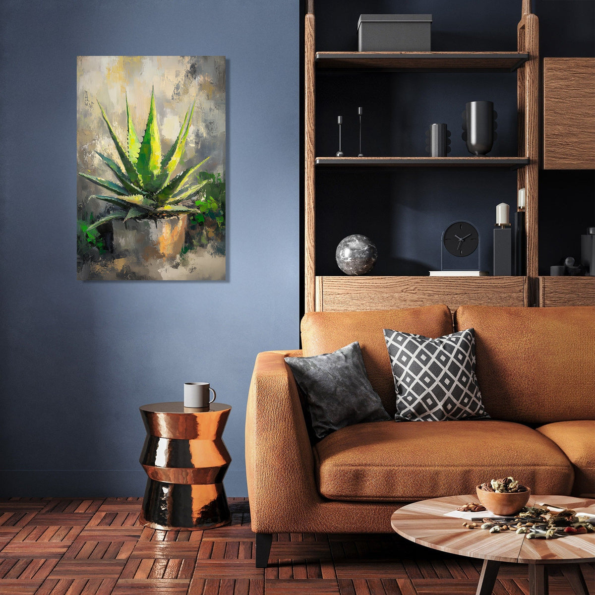 Elegant wall art canvas featuring a vibrant green aloe vera plant in a stylish living room setting