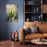 Elegant wall art canvas featuring a vibrant green aloe vera plant in a stylish living room setting