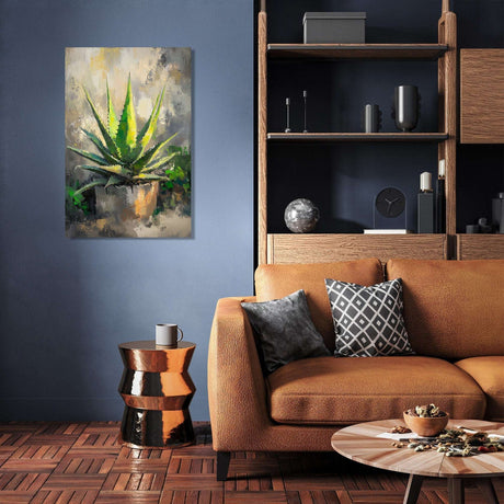 Elegant wall art canvas featuring a vibrant green aloe vera plant in a stylish living room setting