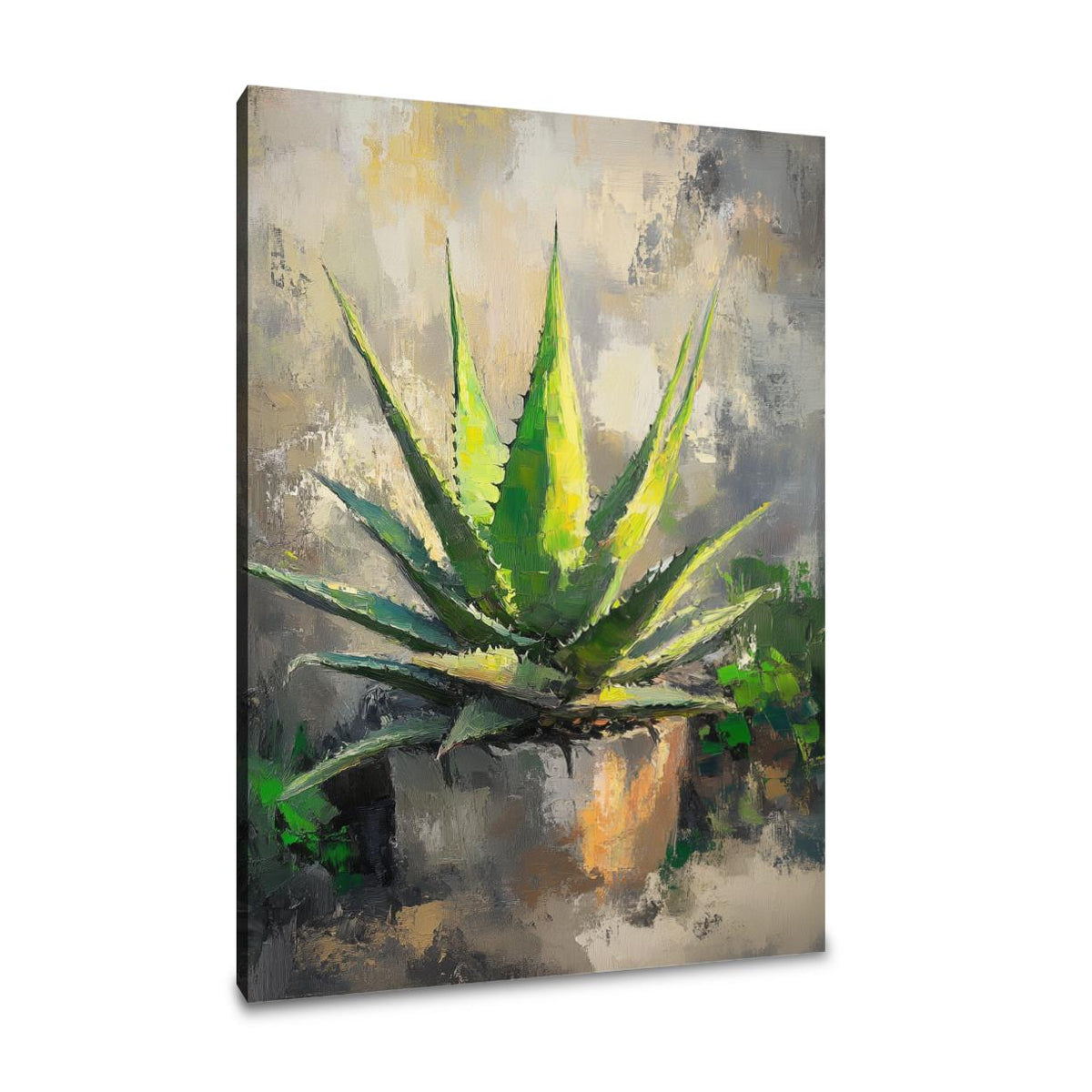 Vibrant Wall Art Canvas featuring a green aloe vera plant in a textured pot
