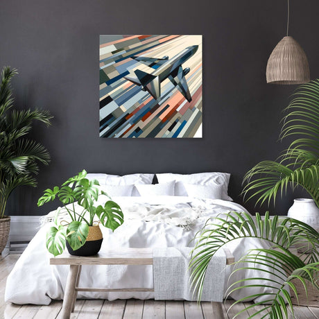 Modern Wall Art Canvas featuring a stylised airplane flying over abstract stripes in a contemporary living space