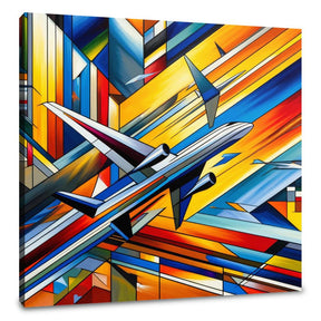 Vibrant Wall Art Canvas featuring a stylised airplane and abstract geometric patterns