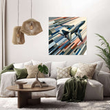 Modern wall art canvas featuring an abstract design with an airplane on a colourful background