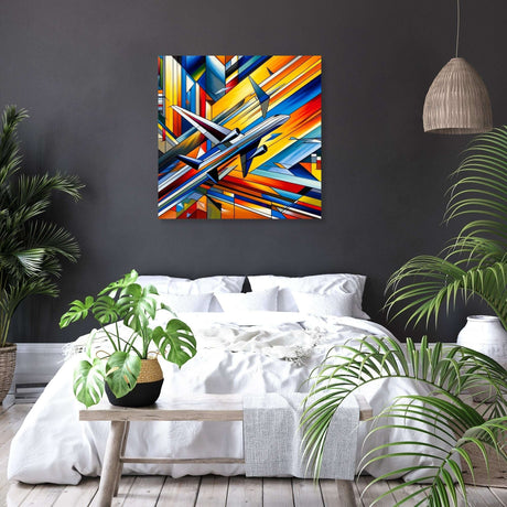 Vibrant Wall Art Canvas featuring dynamic abstract design in a modern bedroom setting