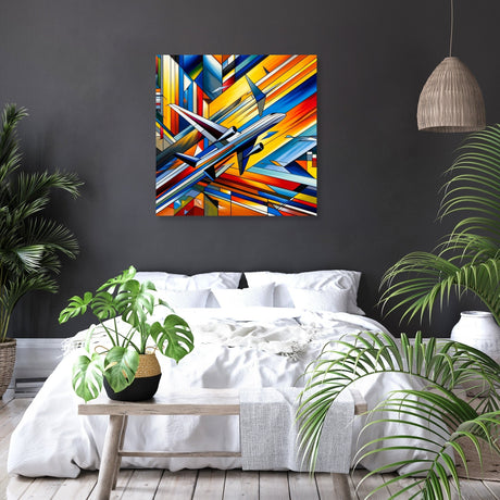 Vibrant Wall Art Canvas featuring dynamic abstract design in a modern bedroom setting
