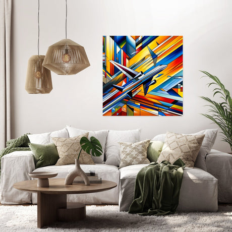 Colourful abstract wall art canvas featuring an airplane in a vibrant modern living room setting
