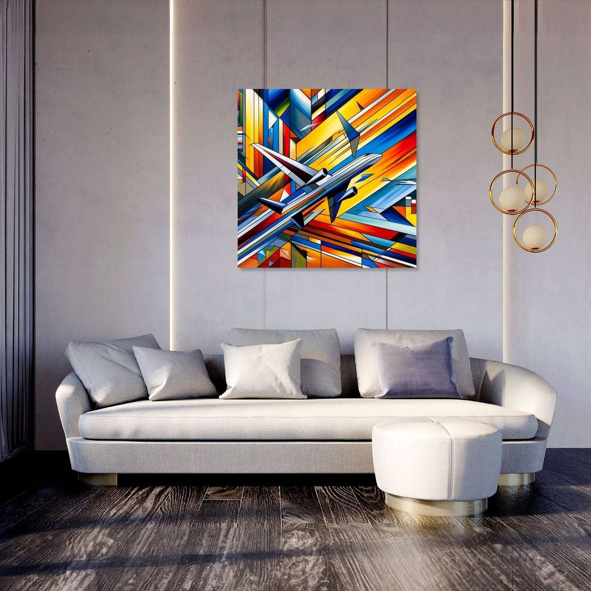 Vibrant abstract Wall Art Canvas piece displayed above a modern sofa in a stylish living room