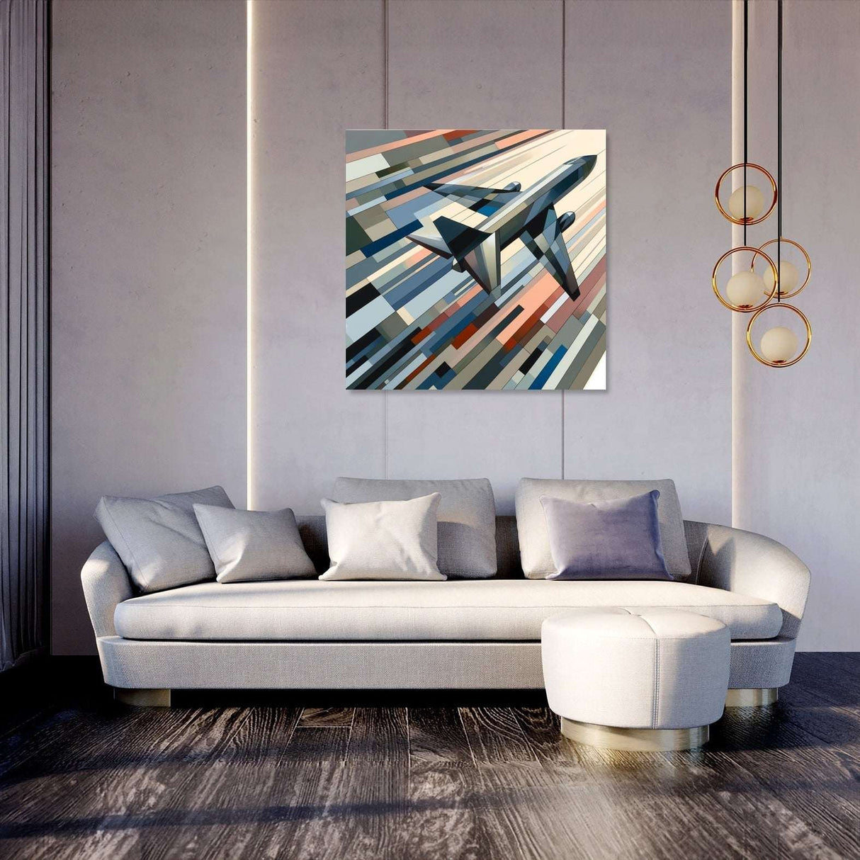 Stylish wall art canvas featuring a sleek airplane design above a modern living room sofa