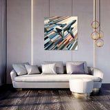 Stylish wall art canvas featuring a sleek airplane design above a modern living room sofa