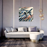 Stylish wall art canvas featuring a sleek airplane design above a modern living room sofa