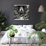 Intricate wall art canvas depicting a mystical library with alchemical elements for stylish home decor