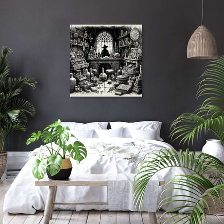Intricate wall art canvas depicting a mystical library with alchemical elements for stylish home decor