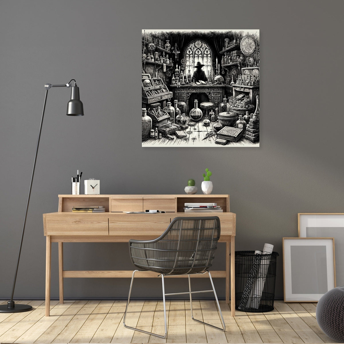 Intricate Wall Art Canvas depicting a mystical library with potion bottles and vintage decor