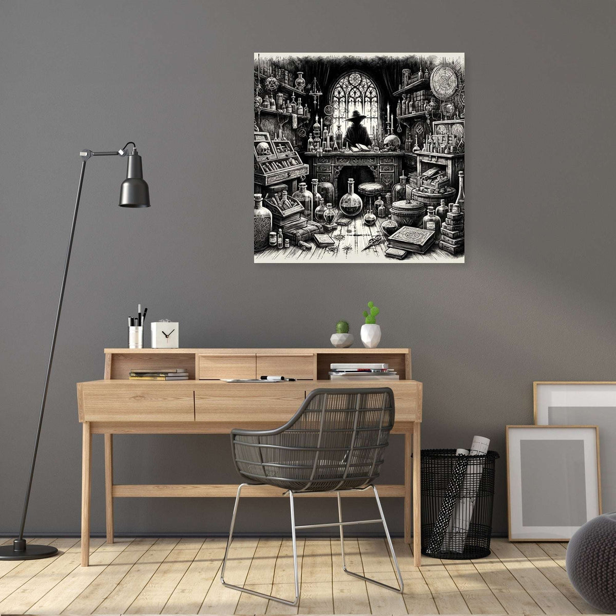 Intricate Wall Art Canvas depicting a mystical library with potion bottles and vintage decor