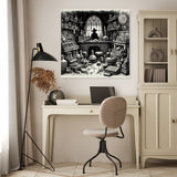 Intricate wall art canvas featuring a mysterious study filled with books and potions