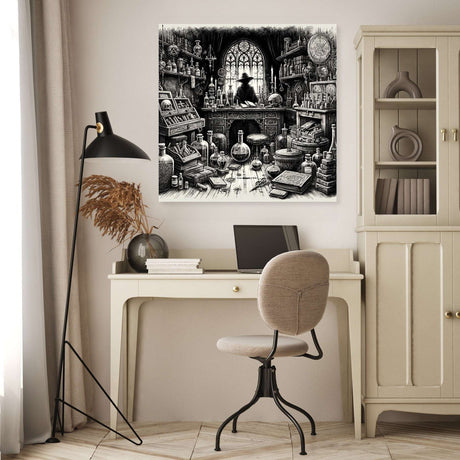 Intricate wall art canvas featuring a mysterious study filled with books and potions