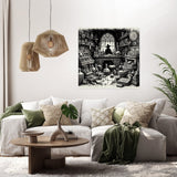 Intricate wall art canvas featuring a mystical laboratory setting with potions and old books