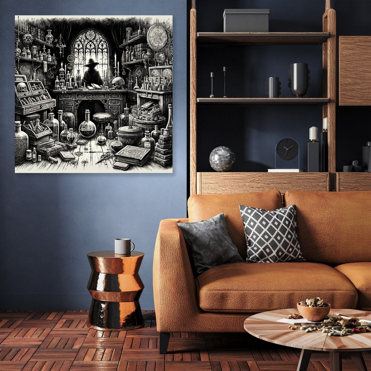 Intricate black and white Wall Art Canvas featuring a magical potions lab in a cosy living room