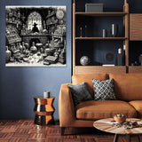 Intricate black and white Wall Art Canvas featuring a magical potions lab in a cosy living room
