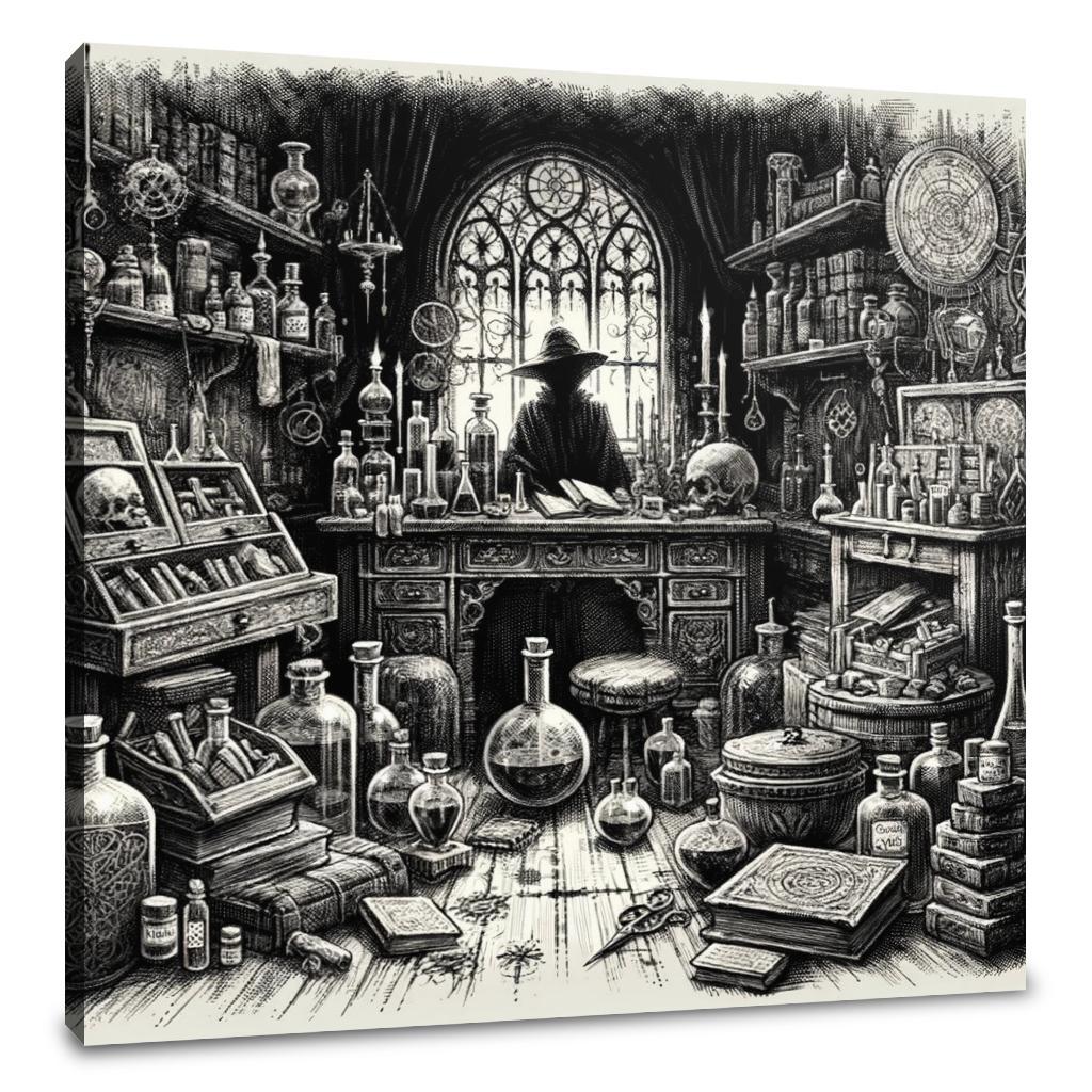 Intricate Wall Art Canvas depicting a mysterious alchemist's workshop filled with potions and books
