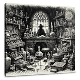 Intricate Wall Art Canvas depicting a mysterious alchemist's workshop filled with potions and books