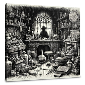 Intricate Wall Art Canvas depicting a mysterious alchemist's workshop filled with potions and books