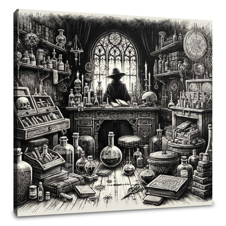 Intricate Wall Art Canvas depicting a mysterious alchemist's workshop filled with potions and books