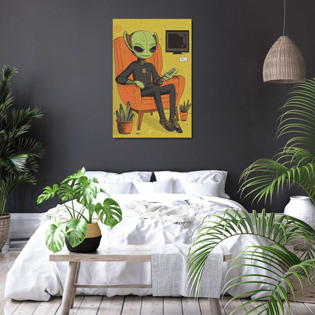 Modern Wall Art Canvas featuring a relaxed alien character in a vibrant living room setting
