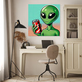 Colourful Wall Art Canvas featuring a quirky alien holding a drink, ideal for modern decor