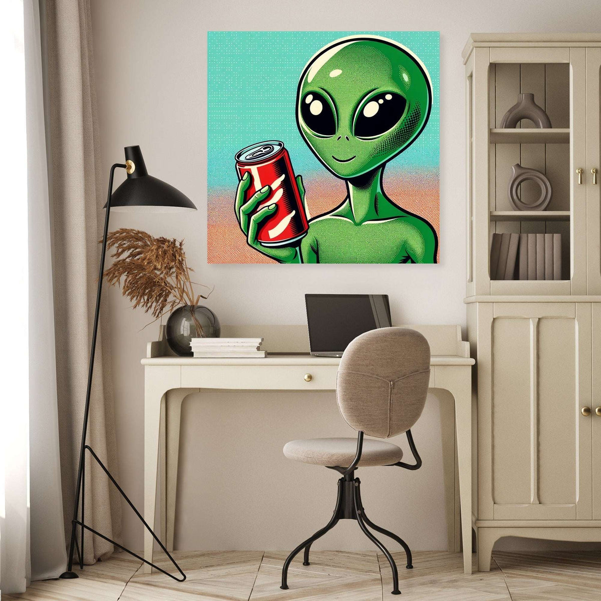 Colourful Wall Art Canvas featuring a quirky alien holding a drink, ideal for modern decor