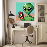 Colourful Wall Art Canvas featuring a quirky alien holding a drink, ideal for modern decor
